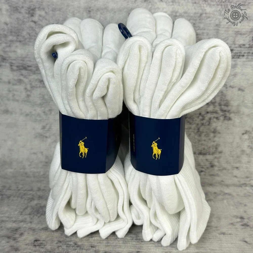 New - Lot of 2 - Polo Ralph Lauren Classic Sport Crew‎ Socks White 6 Pair Packs